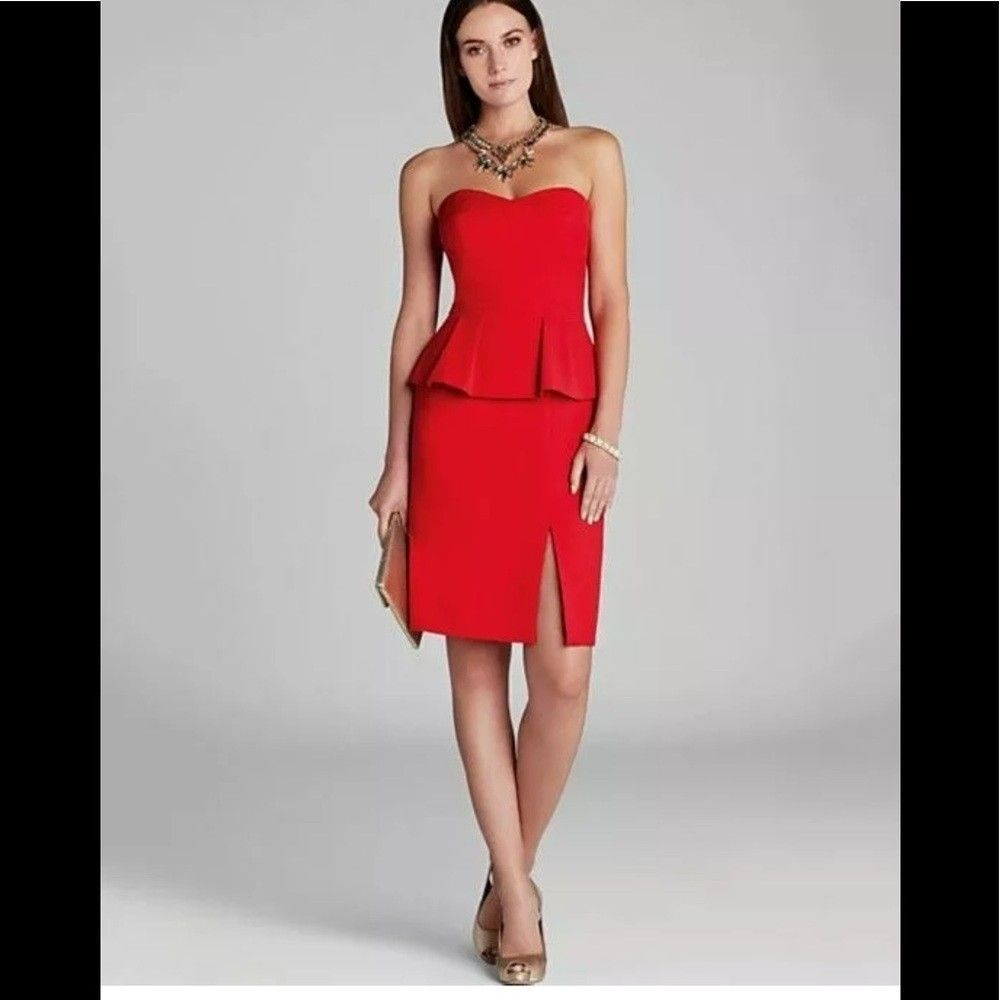 BCBG Red Strapless Peplum Bodycon Midi Dress Cocktail Party Holiday Formal